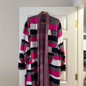 Ulla Popken Pink, Gray & White Textured Open Cardigan